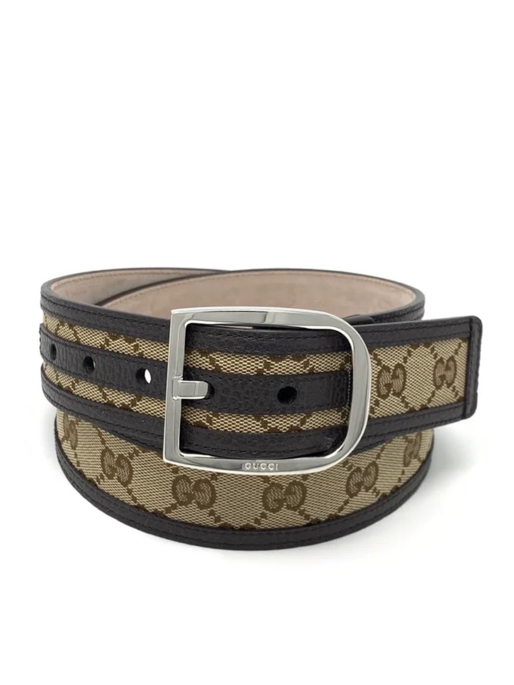 Gucci Mens Beige/Brown GG Canvas Belt with Silver Buckle 75/30